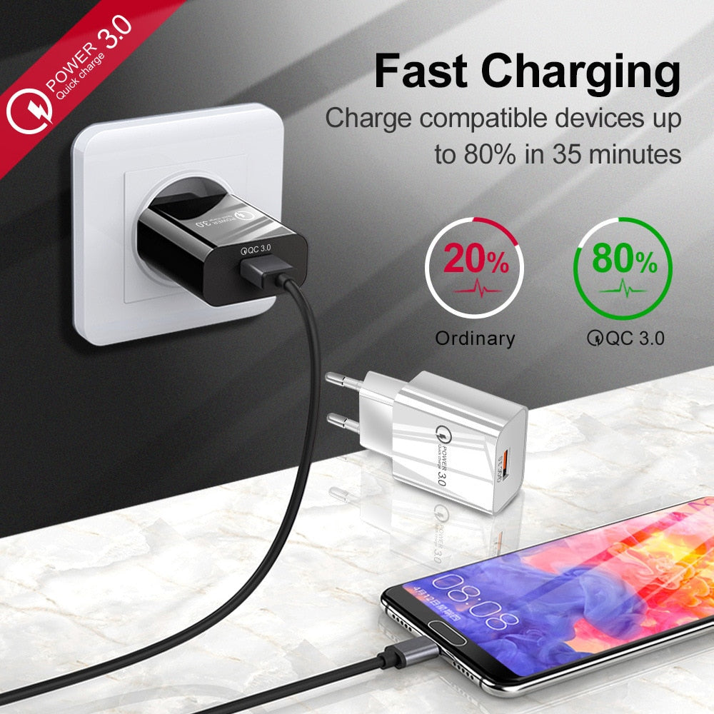 18W3A Fast Charger QC 3.0 USB Charger for iPhone, Samsung EU US Plug