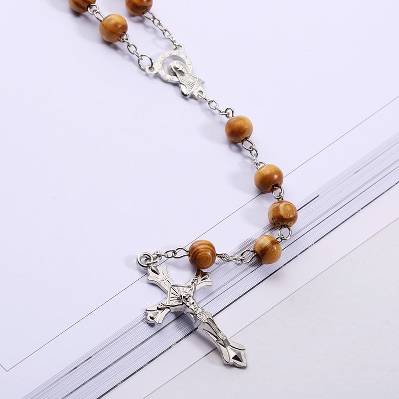 High-Quality Fashion Rosary Necklace with Virgin Mary/Jesus Cross Pendant (Wood Beads)