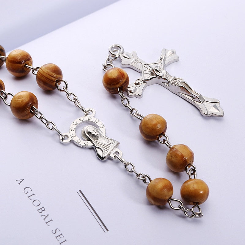 High-Quality Fashion Rosary Necklace with Virgin Mary/Jesus Cross Pendant (Wood Beads)