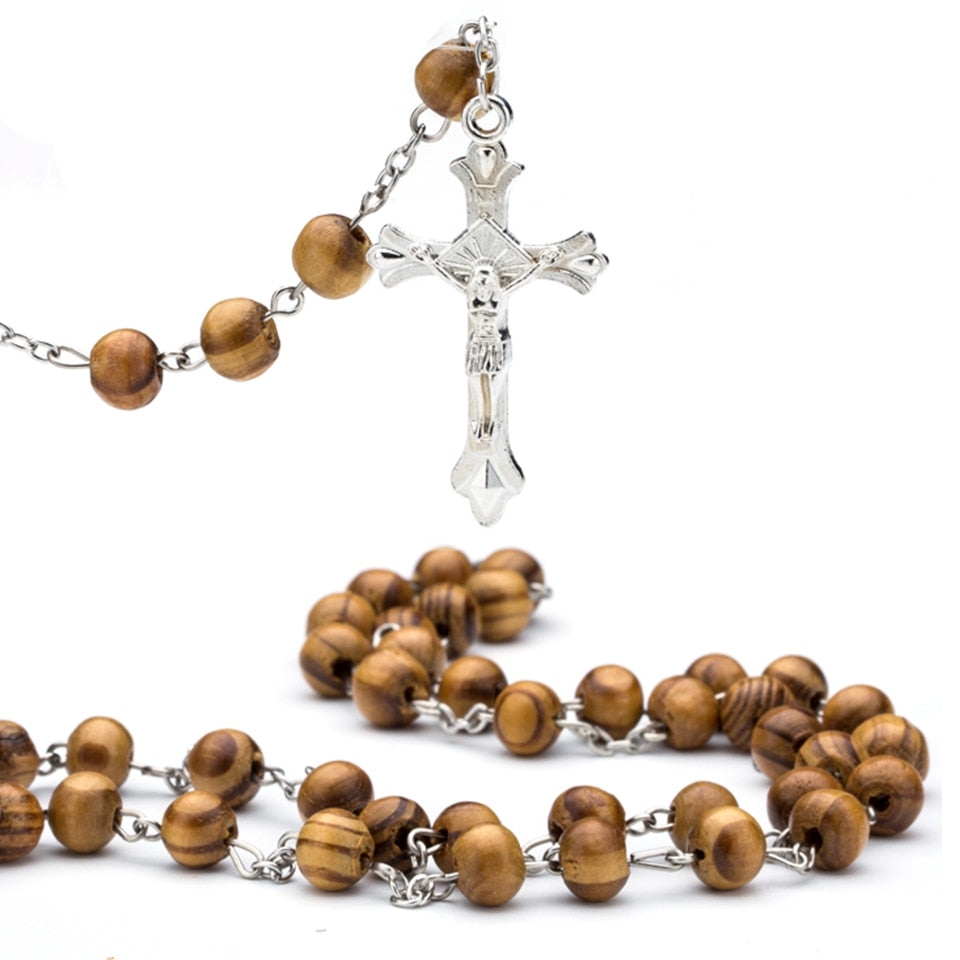 High-Quality Fashion Rosary Necklace with Virgin Mary/Jesus Cross Pendant (Wood Beads)