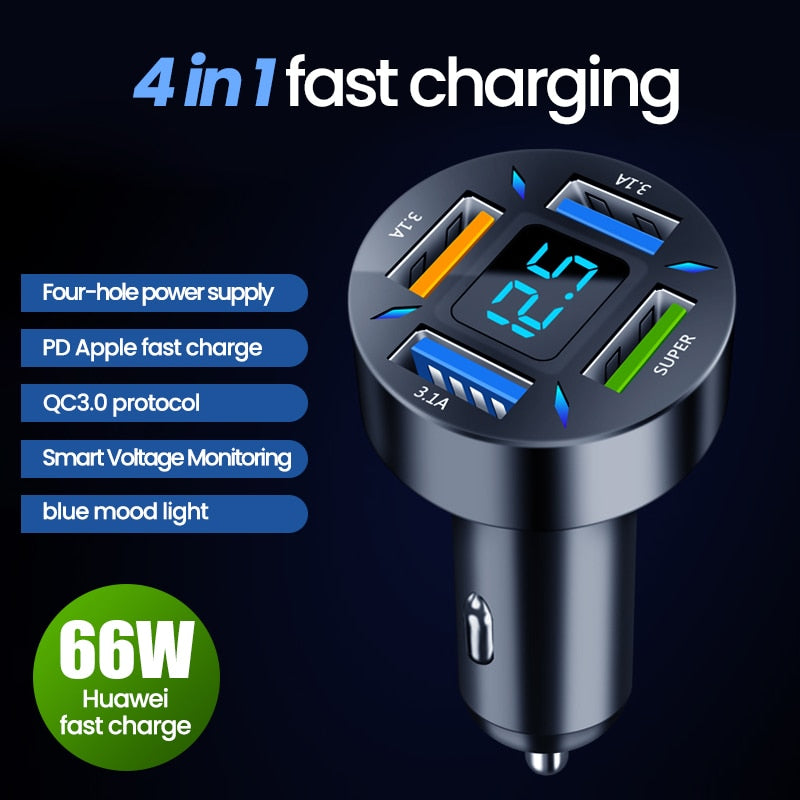 66W 4-Port USB-C Car Charger with Fast Charging 3.0