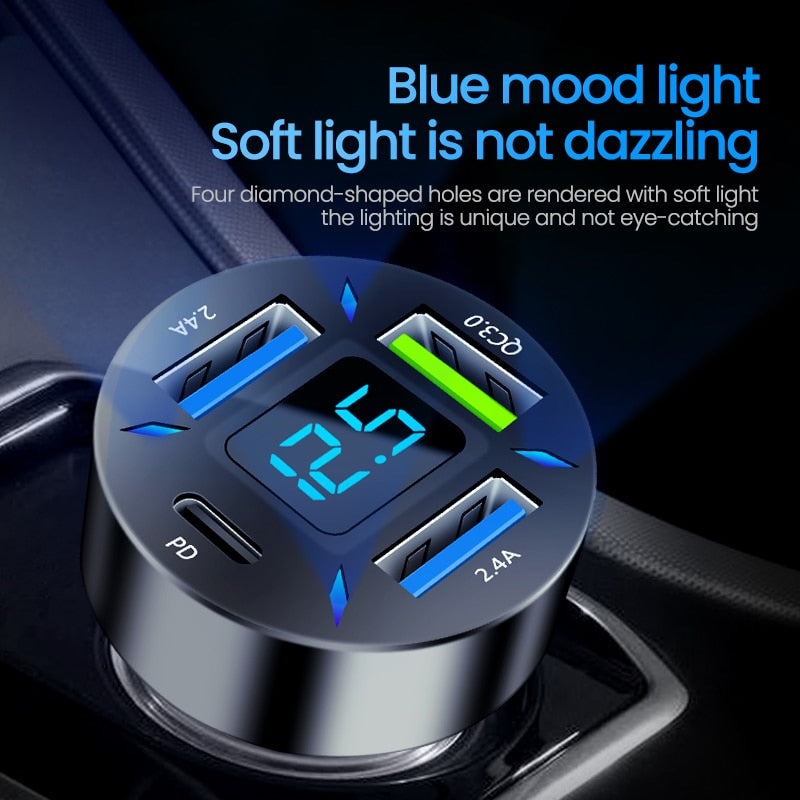 66W 4-Port USB-C Car Charger with Fast Charging 3.0
