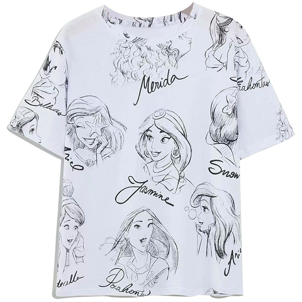 Disney Princess T-Shirt (Snow White, Cinderella, Ariel, Belle): O-Neck, Short Sleeve, Cotton
