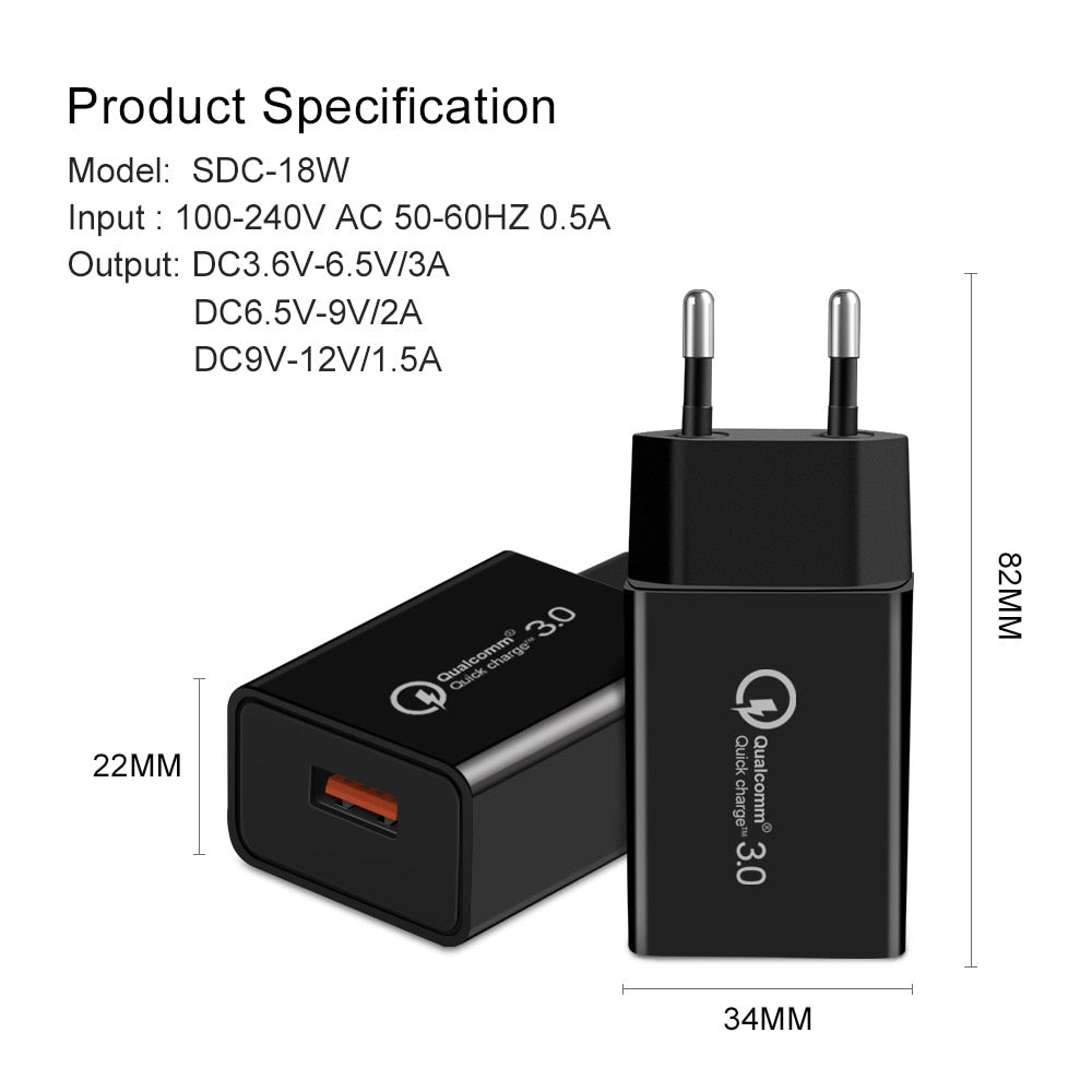 18W3A Fast Charger QC 3.0 USB Charger for iPhone, Samsung  EU US Plug