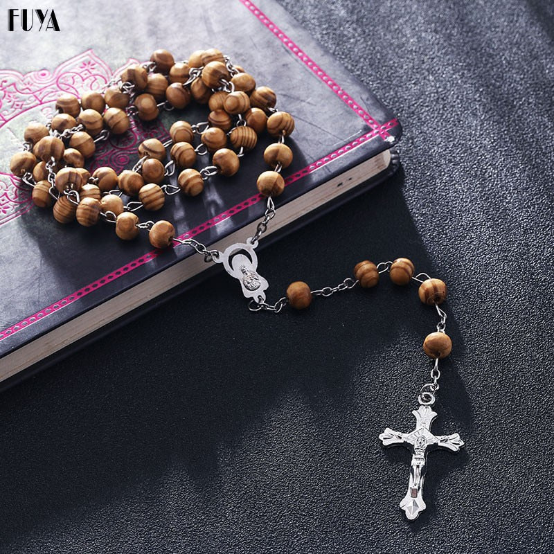 High-Quality Fashion Rosary Necklace with Virgin Mary/Jesus Cross Pendant (Wood Beads)