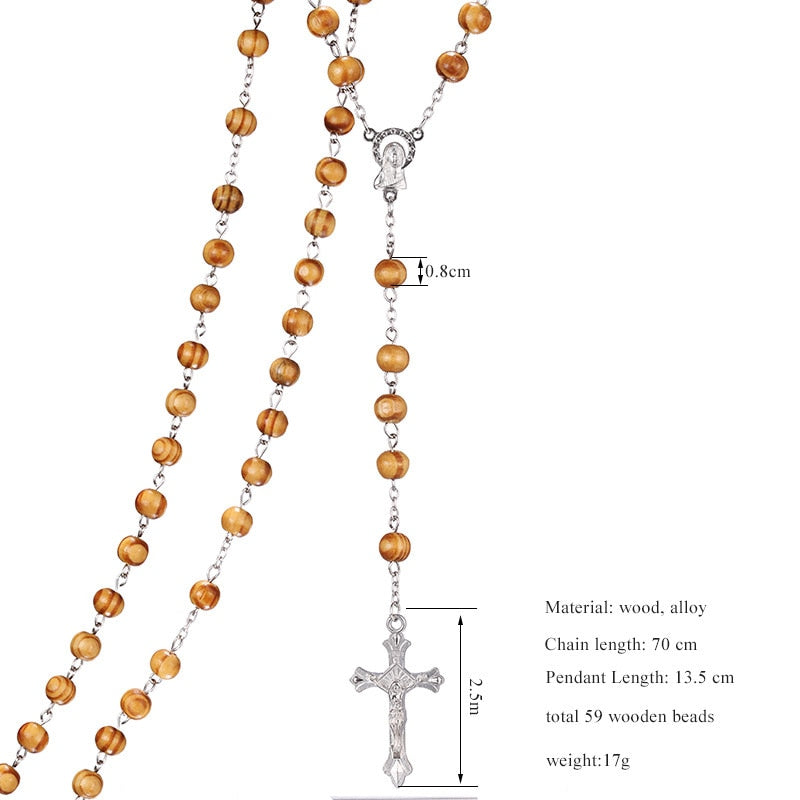 High-Quality Fashion Rosary Necklace with Virgin Mary/Jesus Cross Pendant (Wood Beads)