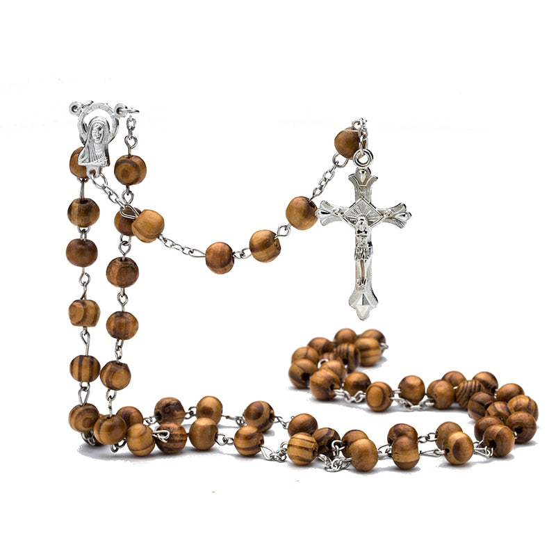 High-Quality Fashion Rosary Necklace with Virgin Mary/Jesus Cross Pendant (Wood Beads)