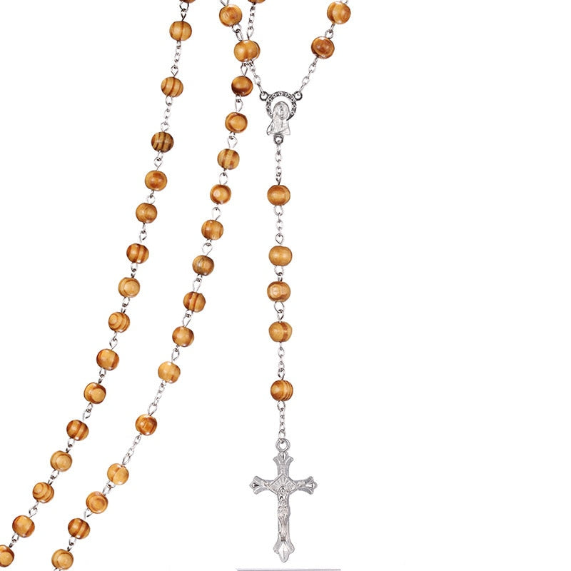 High-Quality Fashion Rosary Necklace with Virgin Mary/Jesus Cross Pendant (Wood Beads)