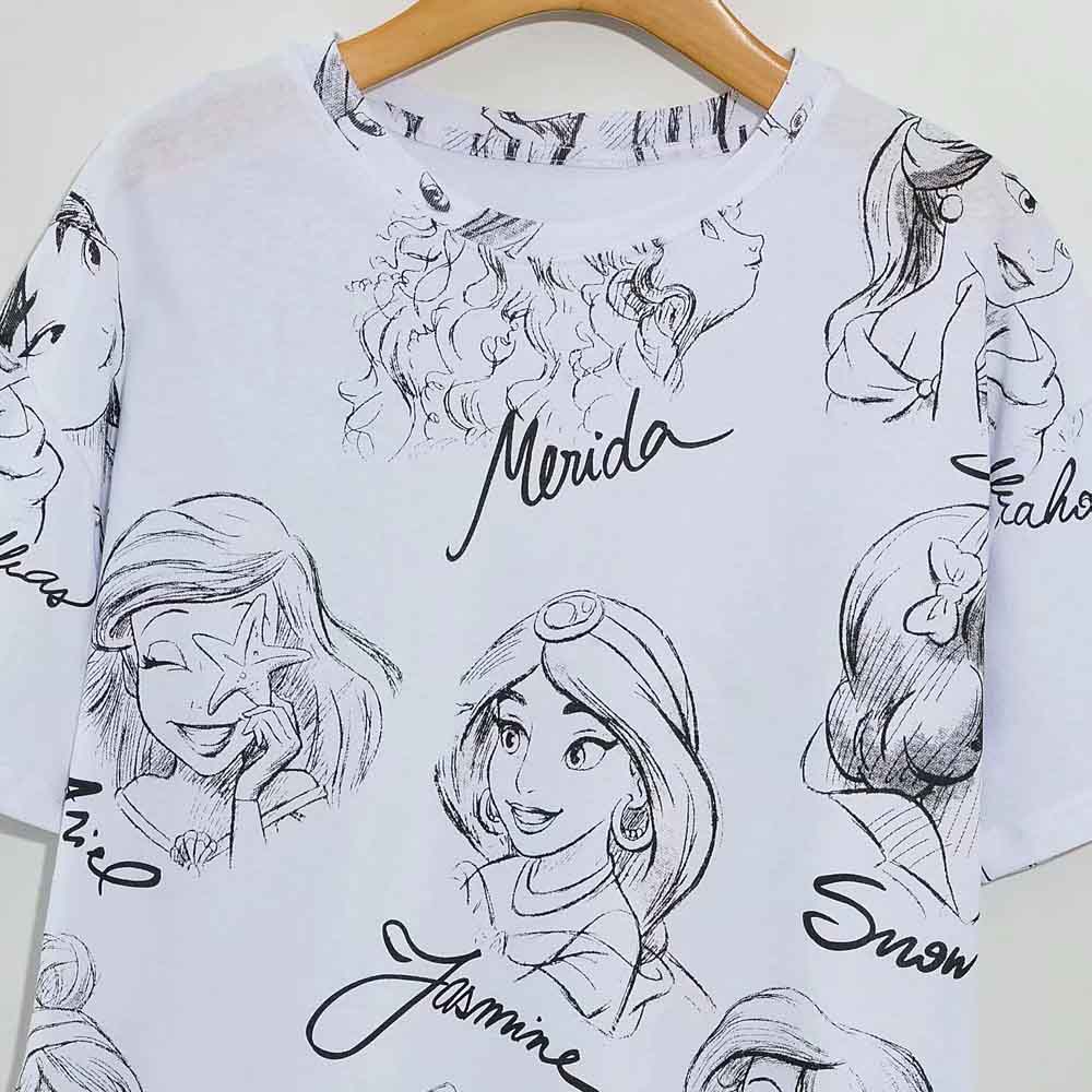 Disney Princess T-Shirt (Snow White, Cinderella, Ariel, Belle): O-Neck, Short Sleeve, Cotton