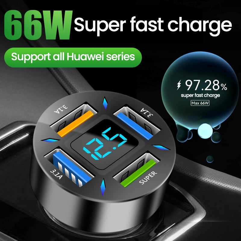 66W 4-Port USB-C Car Charger with Fast Charging 3.0