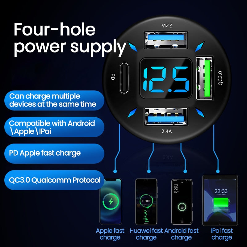 66W 4-Port USB-C Car Charger with Fast Charging 3.0